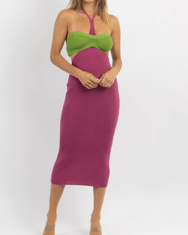Front of a model wearing a size L Osaka Halter Neck Midi Dress In Purple & Green in Purple & Green by Aiblee. | dia_product_style_image_id:346775